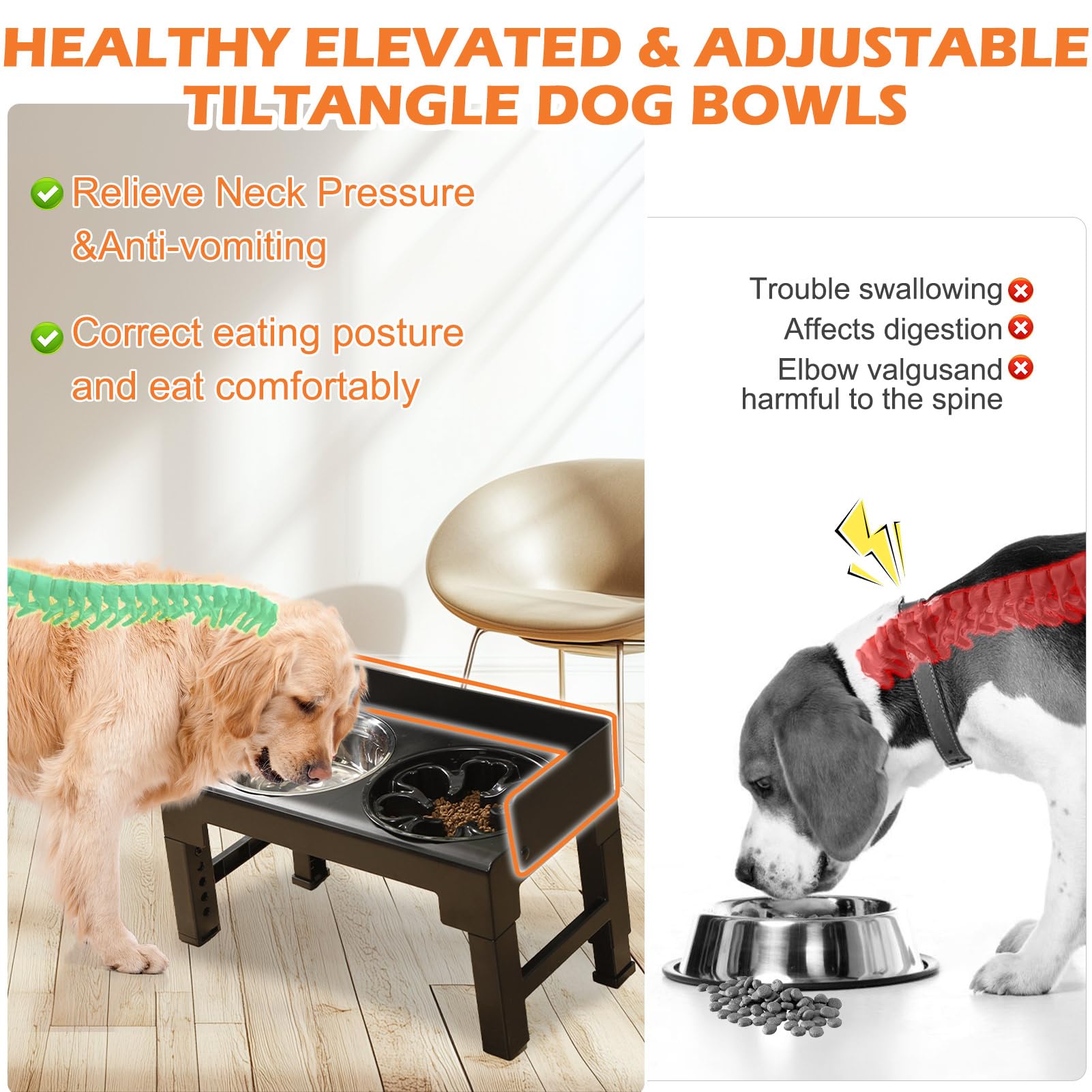 PAWCHIE Elevated Dog Bowls, 6 Height Adjustable Raised Dog Bowl Stand with 1 Stainless Steel Bowls & 1 Slow Feeder Dog Bowls - Image 3