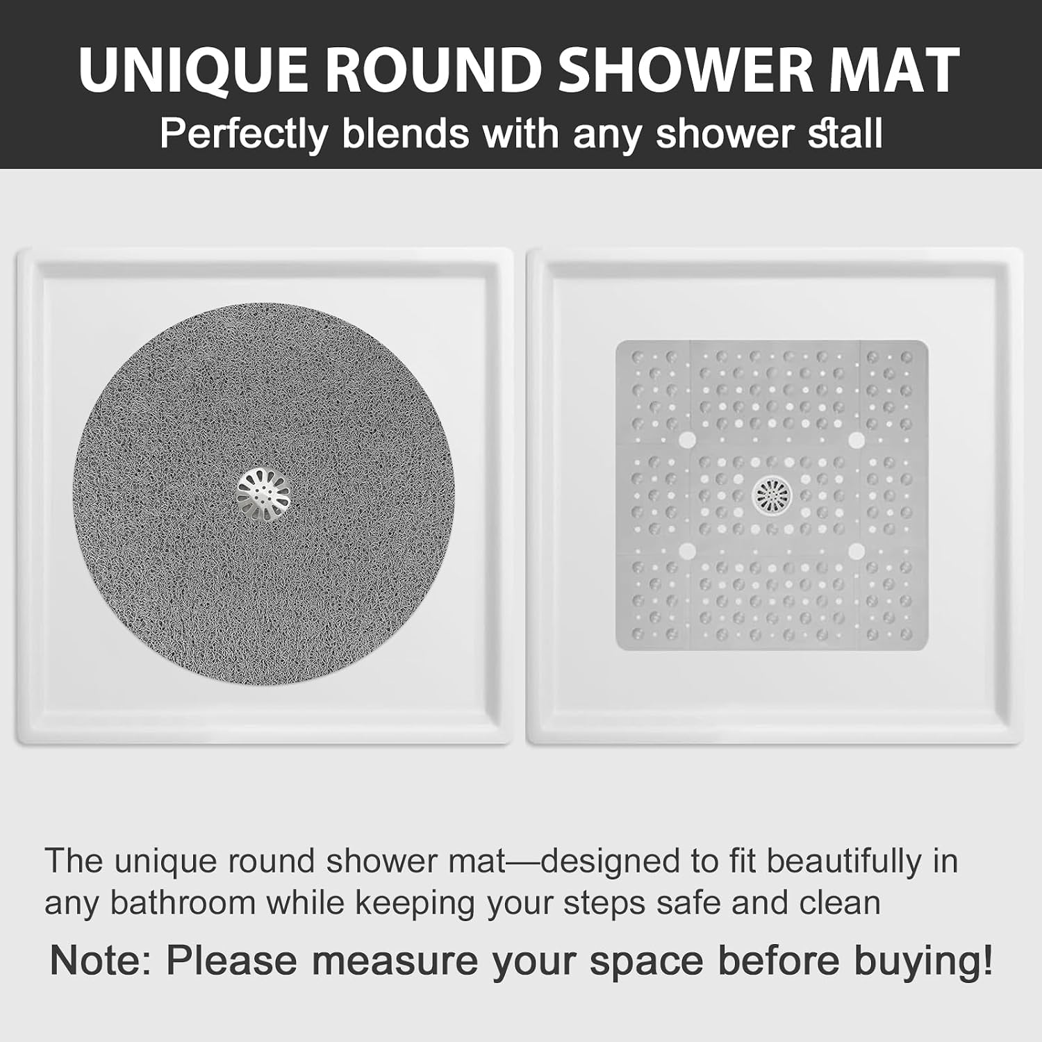 Non Slip Shower Mat: 24x24 inch Round Shower Mats for Inside Shower with Central Drain Hole, Soft Loofah Shower Floor Mat for Standing Shower Stall, RV, Tile Fiberglass Shower Pan, Quick Dry