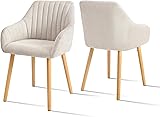 Goeurvant Chaises Beige Salle à Manger Lot de 2 avec Accoudoirs Chaises Fauteuil rembourrée en Polyester avec Pieds en Bois pour Salon Cuisine et Bureau - 1