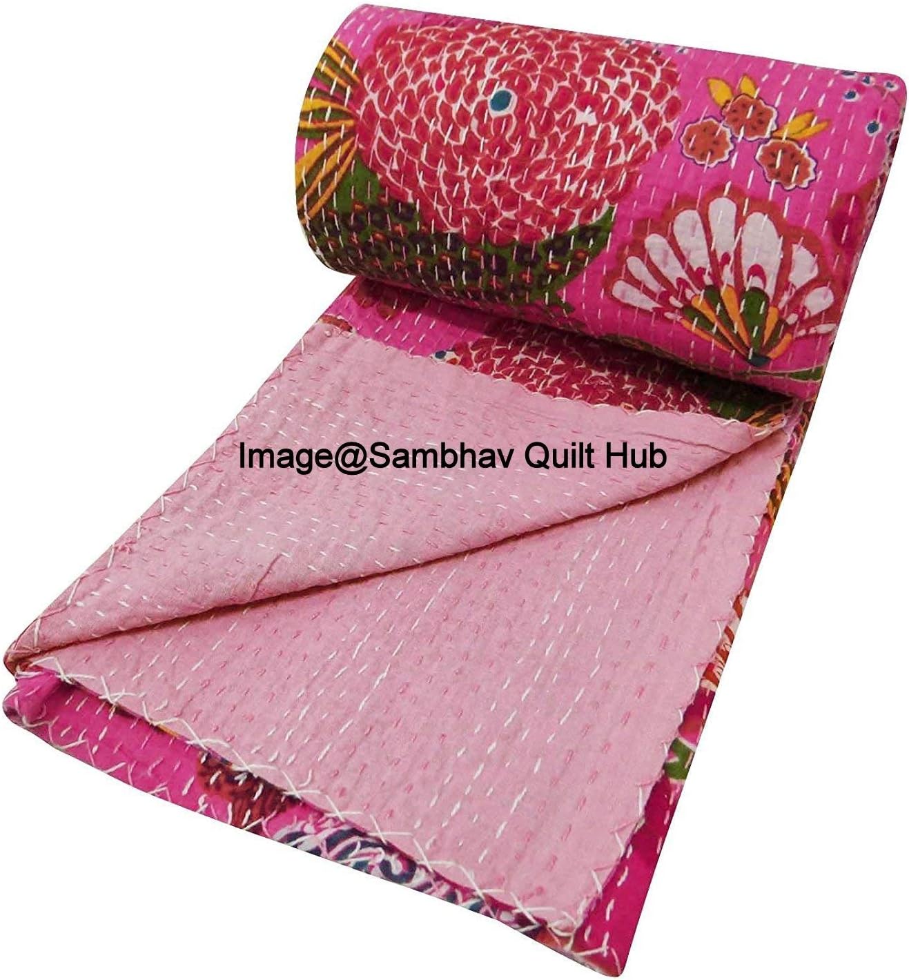 Queen/Twin/King Indian Fruit Reversible Bedspread Pattern Gudri Pure Cotton Kantha Style Quilt Floral Fruit Print Decorative Kantha Stitch Quilt (90X108 inches)