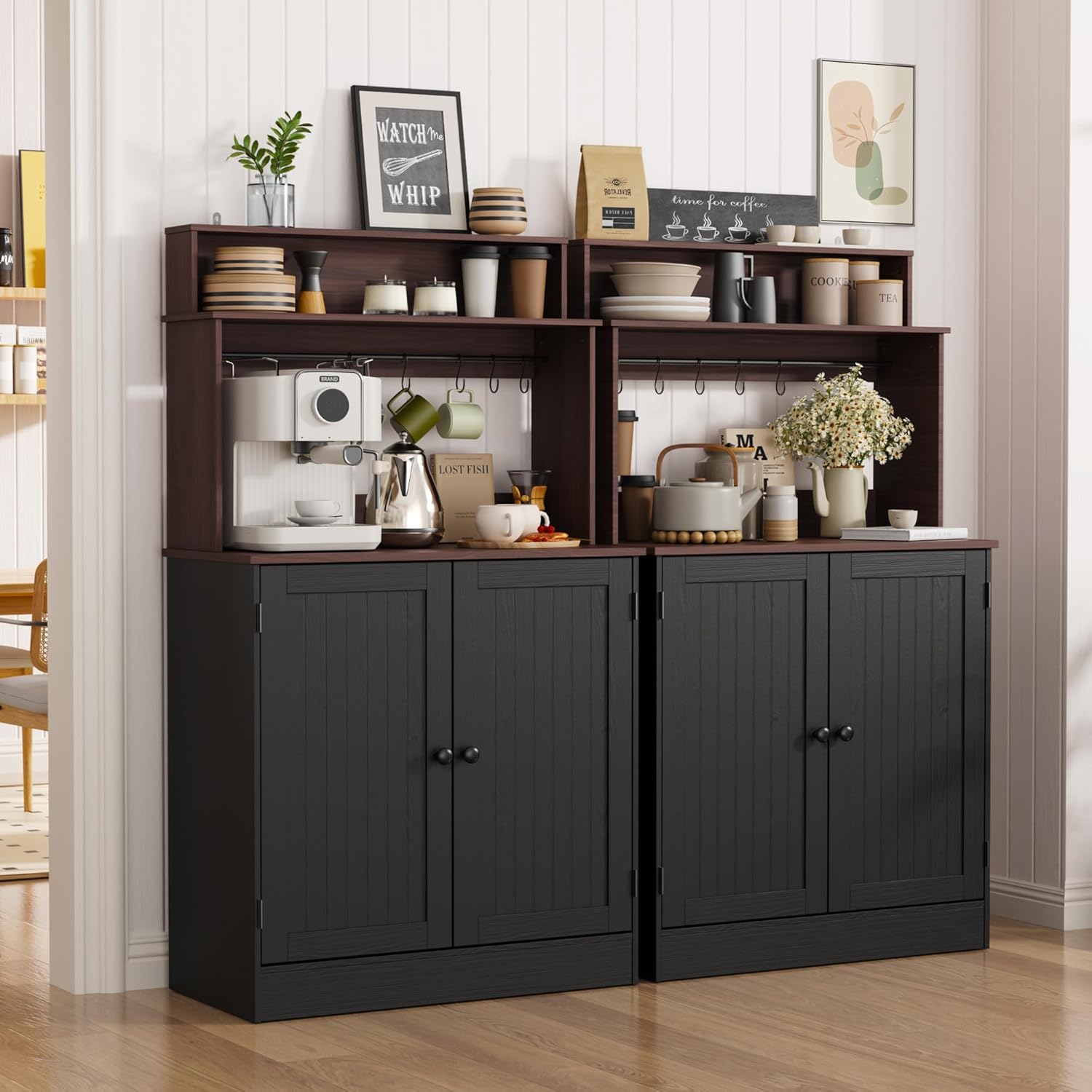 MHOM Farmhouse Coffee Bar Cabinet with Storage, Rustic Buffet Cabinet with 5 Hooks, Small Coffee Station Cabinet for Kitchen & Dining Room, Antique Black