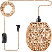 FRIDEKO HOME Bohemian Rattan Pendant Light - 15ft Plug-in Hanging Lamp with On/Off Switch, E26/E27 Socket for Bedroom Living Room