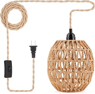 FRIDEKO HOME Bohemian Rattan Pendant Light - 15ft Plug-in Hanging Lamp with On/Off Switch, E26/E27 Socket for Bedroom Living Room