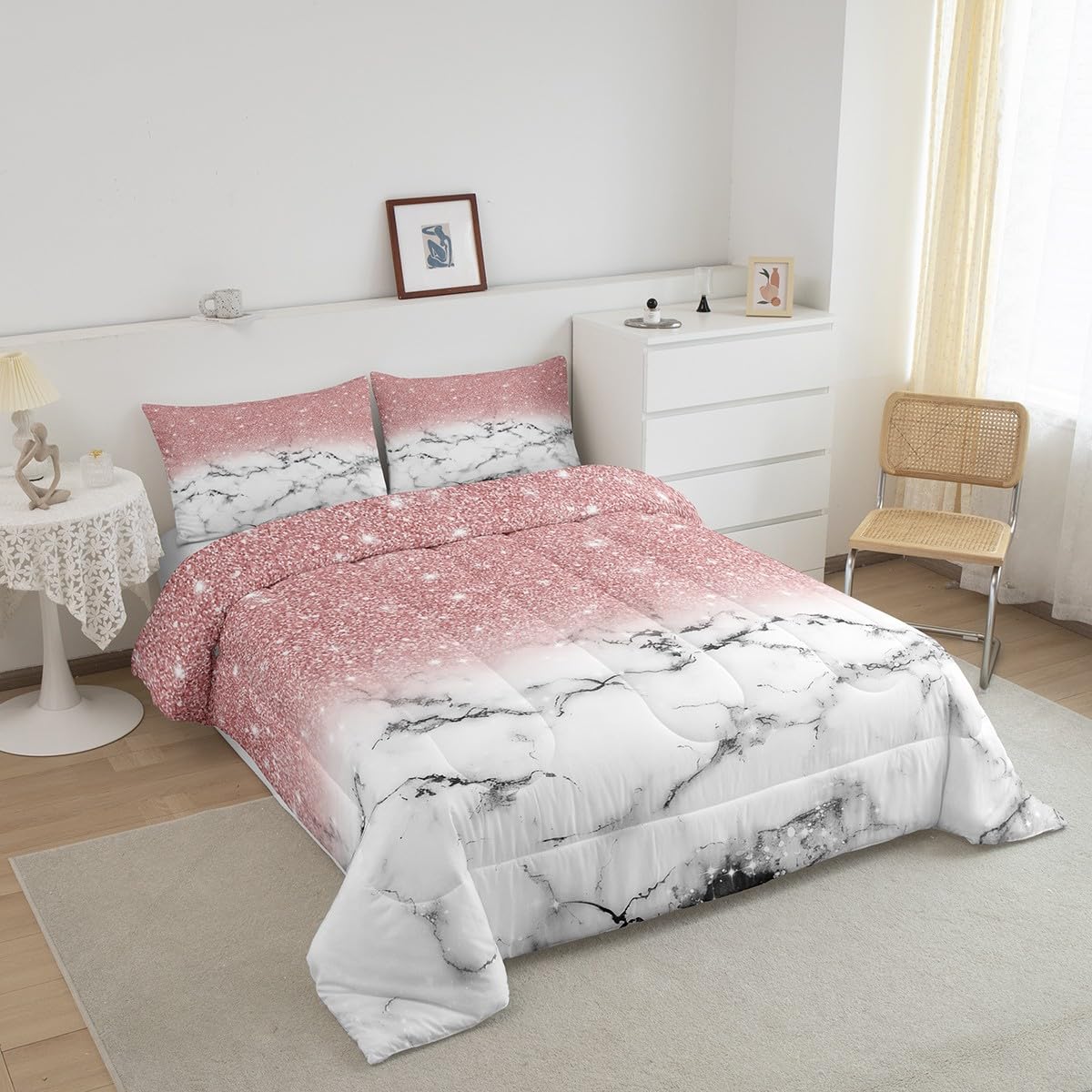 Feelyou Girls Marble Comforter Twin Size Gradient Glitter Kids Down Comforter Set for Boys Girls Women Girly Pink Grey White Marble Ombre Bedding Set Modern Marble Aesthetic Quilt Decor Boys
