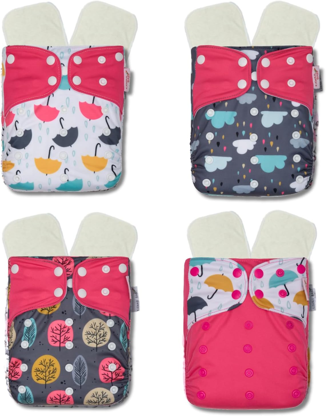 KaWaii Baby Reusable Cloth Diaper Bundle- 4 Printed Snap + 8 Premium Diaper Inserts One Size Adjustable Newborn to Potty Trained Toddler - Sun Shower