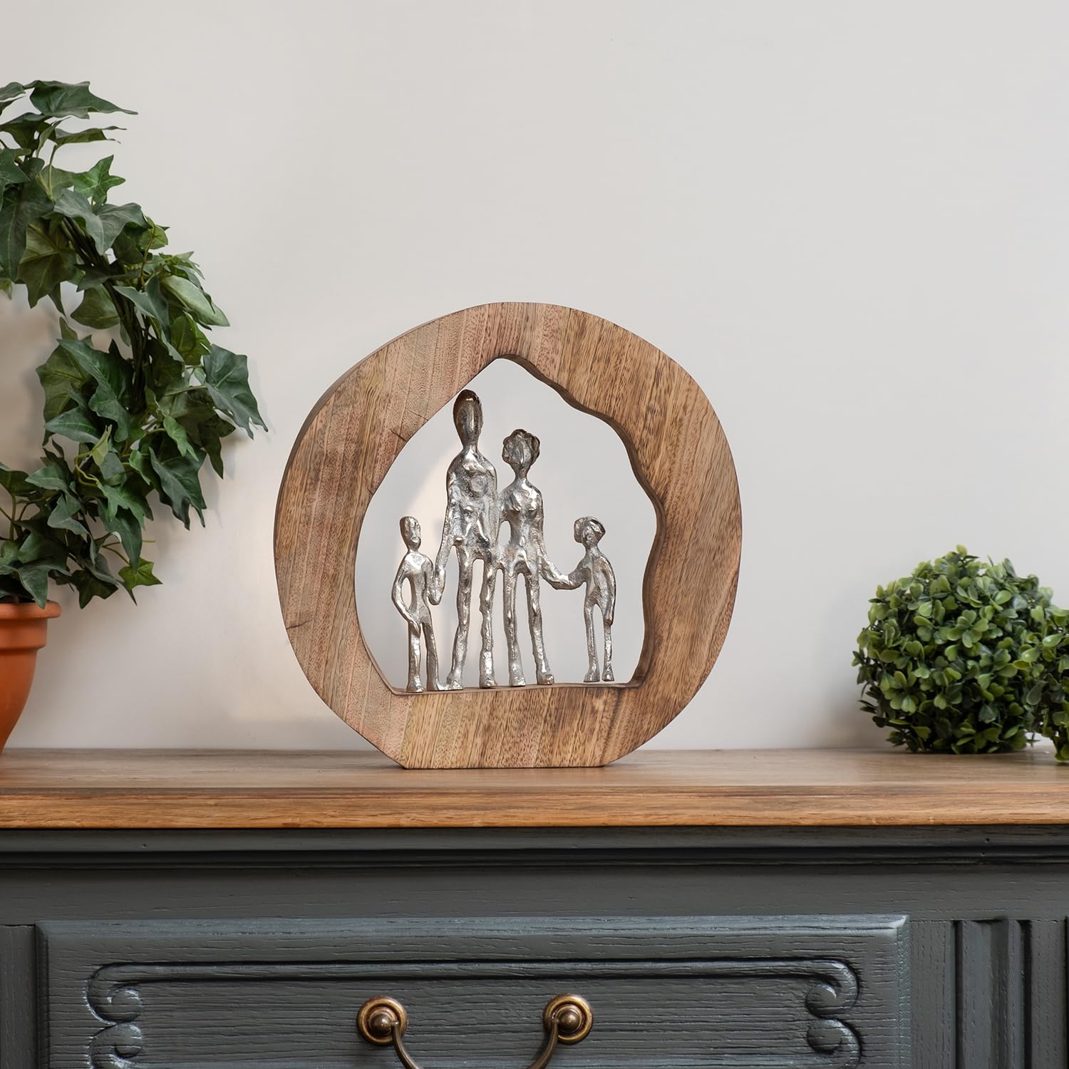 Moritz Skulptur Family Familie 4 Personen 28 cm Mangoholz – Dekofigur | Handgefertigtes Unikat aus Holz und Metall, Symbol für Geborgenheit, Geschenk zur Geburt, Hochzeit oder zum Muttertag