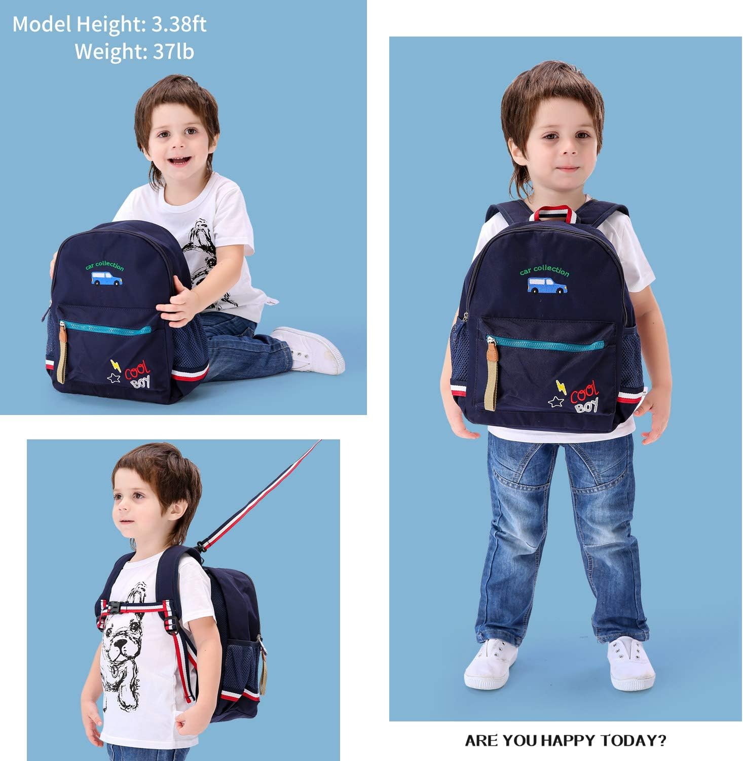 willikiva Cartoon Bus 12 Kindergarten Backpack for Kids Girls and Boys,Waterproof Preschool Toddler Backpack Wiht Leash and Safety Harness(Deep Blue) - Image 3