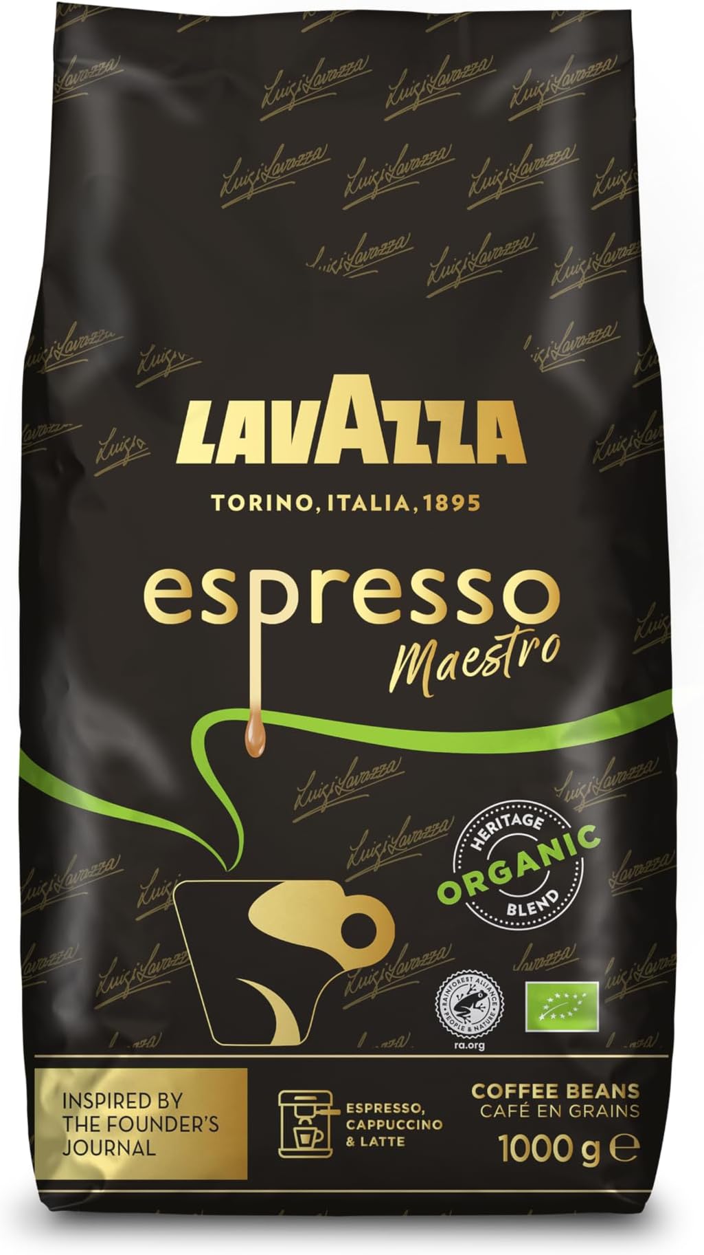 Lavazza, Espresso Maestro, Coffee Beans, Ideal for Espresso Machines, Balanced & Aromatic Taste, Intensity 9/10, Dried Fruit & Chocolate Notes, 100% Organic Arabica & Robusta, Slow & Gentle Roast, 1Kg