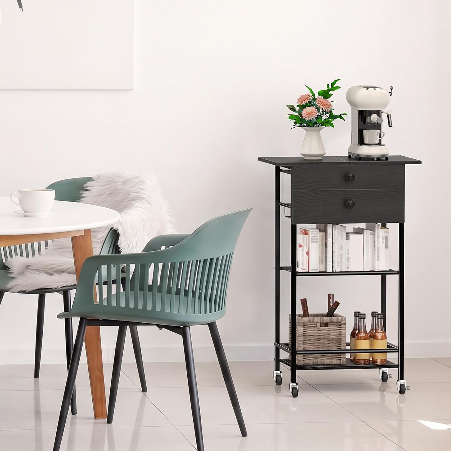 ETELI 5 Tier Rolling Coffee Bar Cart with 2 Drawers | 33" H Coffee Cart Station with Coffee Pod Holder and Lockable Wheels for Living Room Office Kitchen, Black