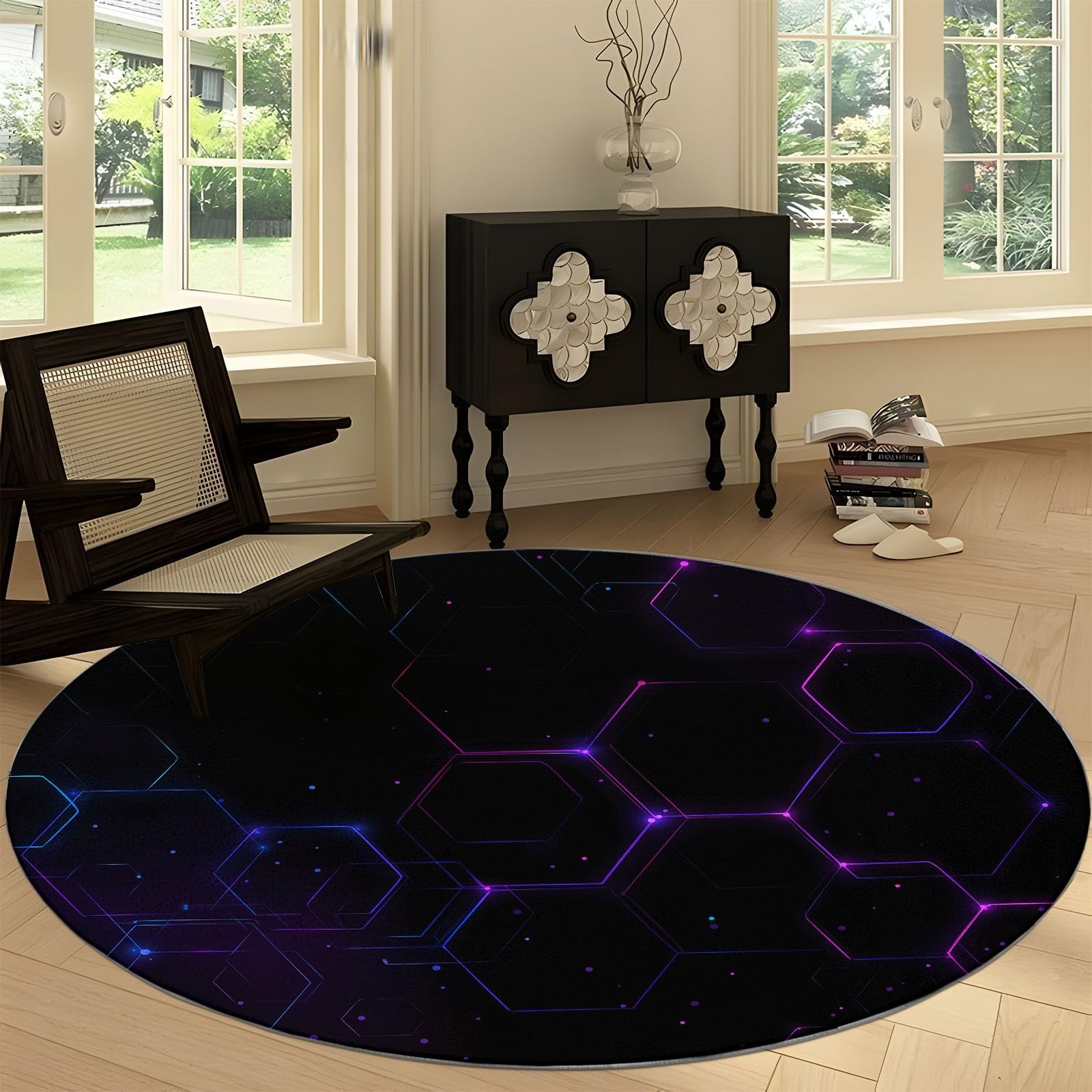 Futurismus Waschbare Runde Teppiche 220 cm, Blau Lila Neon Sechseck Geometrisch Rutschfester Runder Teppich für Wohnzimmer - Weicher Niedrigfloriger Teppich für Unter den Esstisch Kinderzimmer