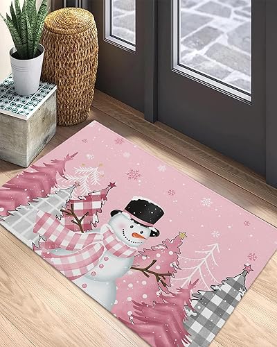 Miniatura 5 de Tapetes para suelo, árbol de Navidad, copo de nieve, muñeco de nieve, fondo rosa, antideslizante, parte trasera de látex, ultrafina, para comedor,