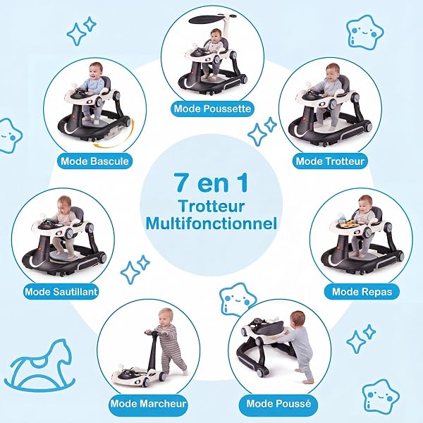 COSTWAY Trotteur Bébé Garçon Fille Pliable 7 en 1 avec Mode Bascule et Sautillant, Trotteur Marche Bébé Garçon Évolutif avec Hauteur Réglable, Musique et Lumière,Charge 12kg, 7-18 Mois (Noir) - 2