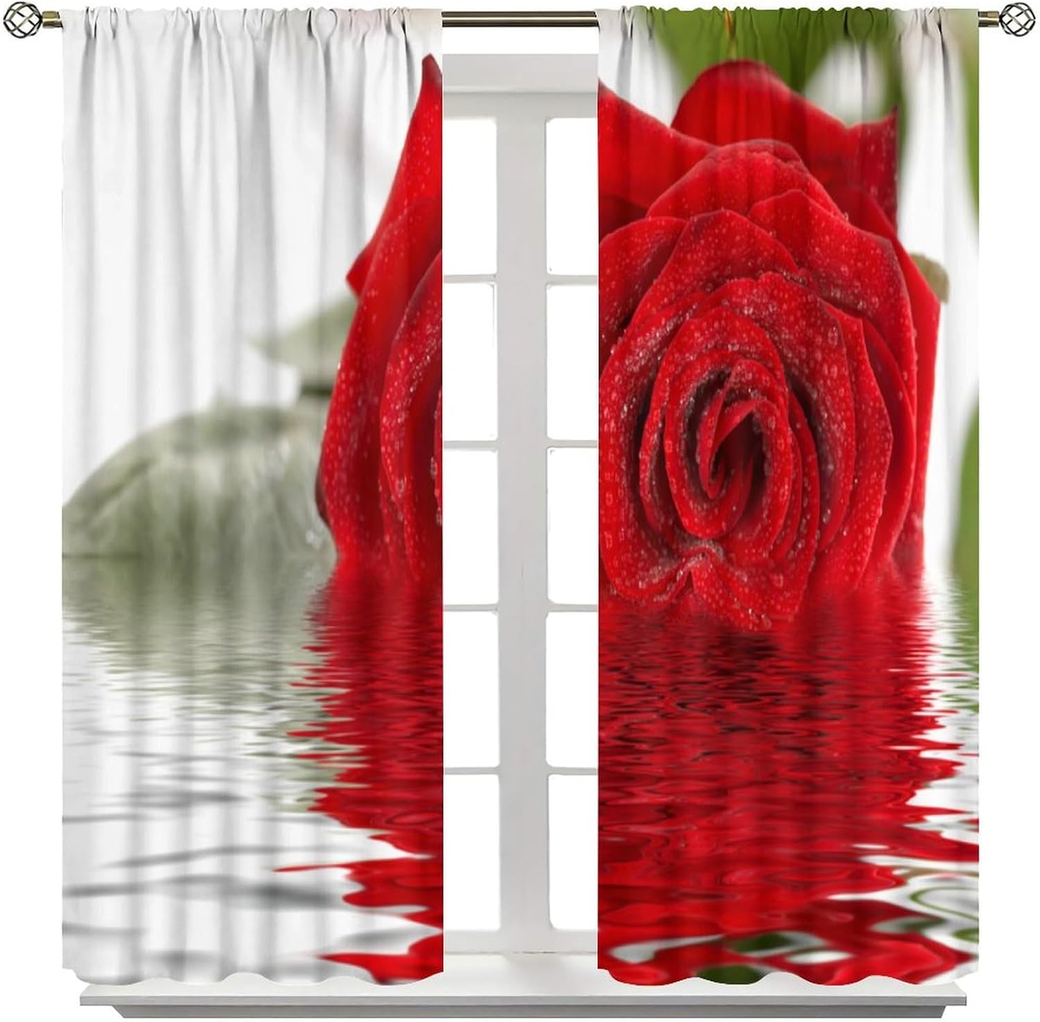 Rose Curtains, Beautiful Red Rose Plant Flower Reflection on Water Blackout Window Treatments, Thermally Insulated Rod Pocket Drapes for Kids Girls Women Bedroom Living Room Bathroom 42x54in