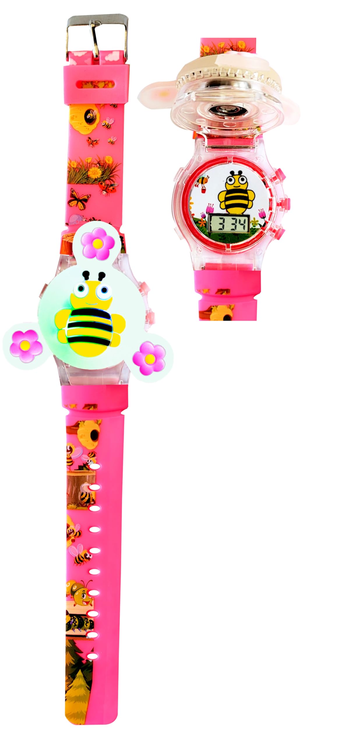 Dreamy Bee Soft Rubber Silicone Light with Spinner Cartoon Cap Cover Non Breakable Kids Digital Wrist Watch - Pack of 1 (Pink) (B0D183KKVY) Amazon Price History, Amazon Price Tracker