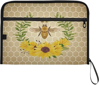 13 Pockets Expanding File Folder with Zipper Closure, Honey Bee Sunflower Geometric Accordion File Folder with Sticky Labels, Letter Size A4 Papers Expandable File Document Organizer