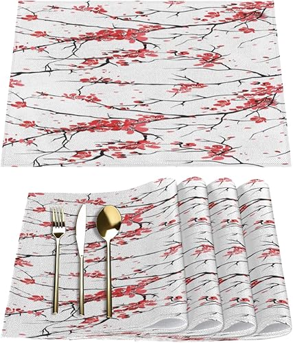 Plum Blossom - Juego de 6 manteles individuales cuadrados de tela para mesa de cocina, resistentes al calor, fáciles de limpiar, 12 x 18 pulgadas