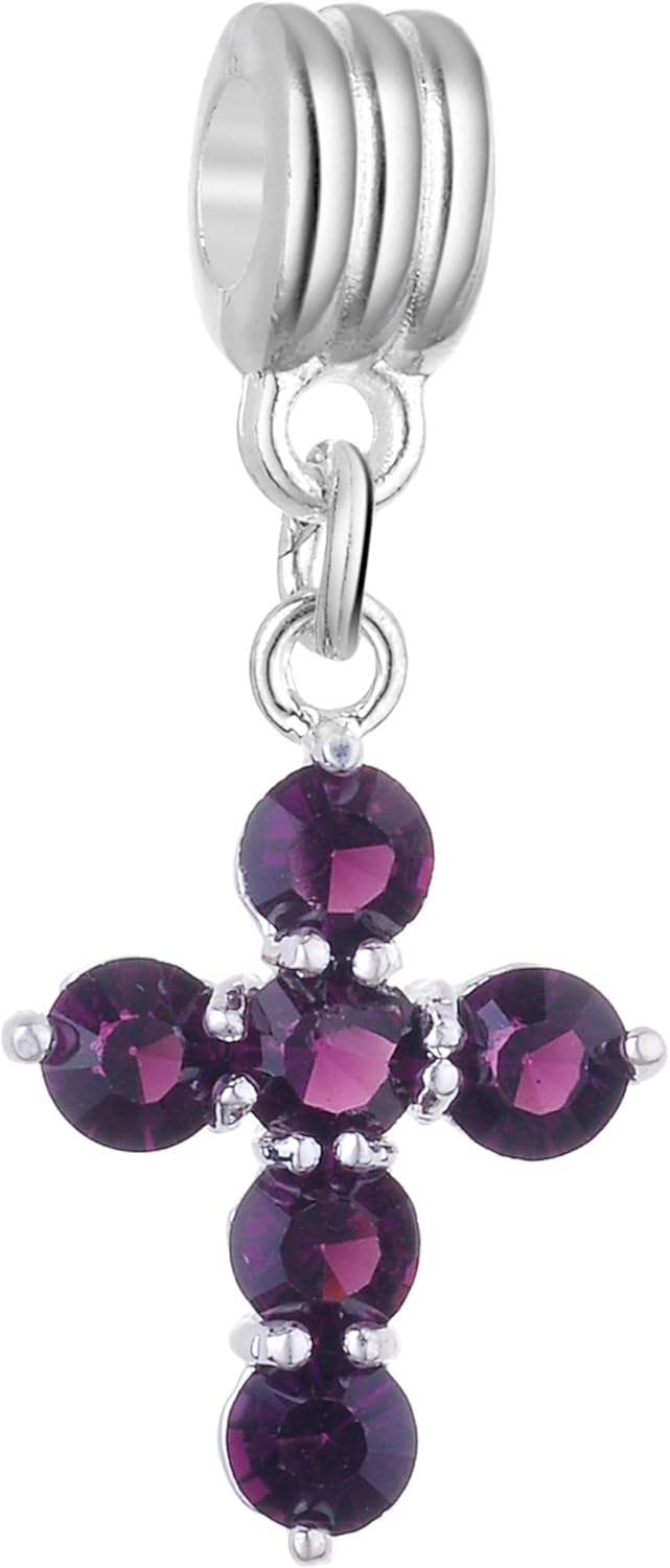 RUBYCA Crystal Cross Dangle Charms for Bracelets Jewelry Making Silver Plated Pendant Beads (Purple, 10pcs)