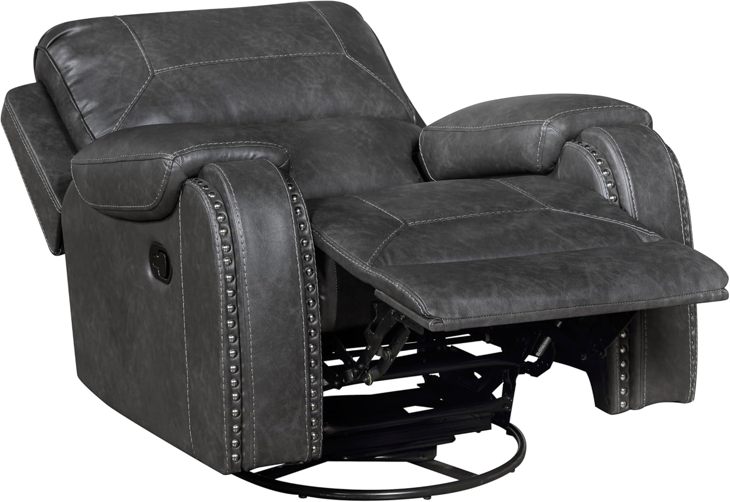 Lexicon Mid Century Modern Swivel Glider Reclining Chair, Nursery Glider, Faux Leather Recliner Chair with Nailhead Trim, Manual Recliner Sofa Chair for Living Room/Bedroom/Office/Apartment, Grey