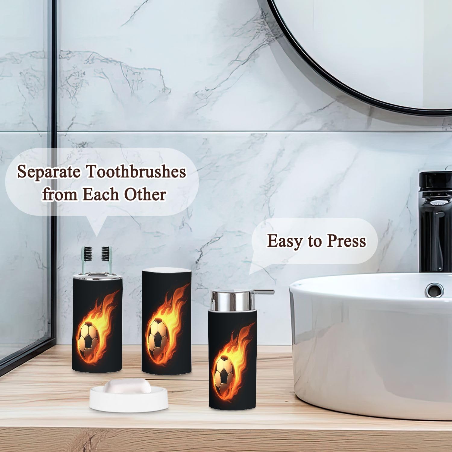 6 Piece Bathroom Accessories Set Raster Version Soccer Ball Fire Black Trash can Toilet Brush Holder Toothbrush Holder Toothbrush Cup Soap Dispenser Soap Dish Boho