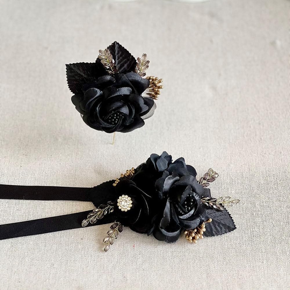 WHITEROOM Black Gold Promo Corsage and Boutonniere Set Gift Box, Wrist Wedding Corsage, Wedding Corsage, Bridesmaids Corsage, Bridal Bracelets, Corsage for Mom