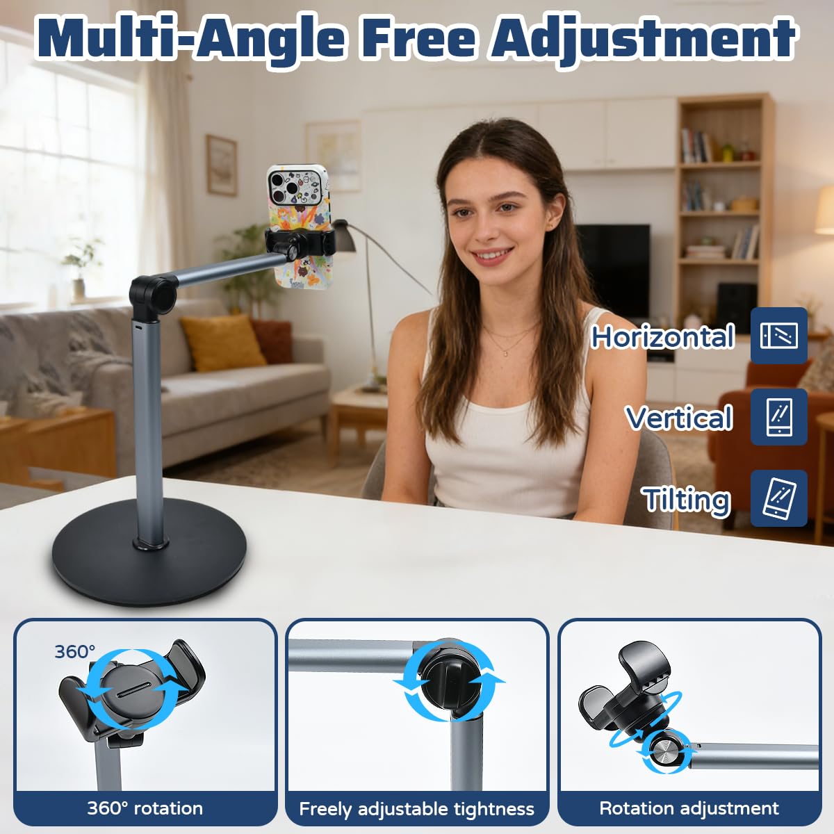 Supporto da Tavolo per Telefono Cellulare Supporto per Telefono con Braccio Telescopico e Rotazione di 360° PortaCellulare per Video con Robusta Base per Riprese Fotografiche Piatte Livestream