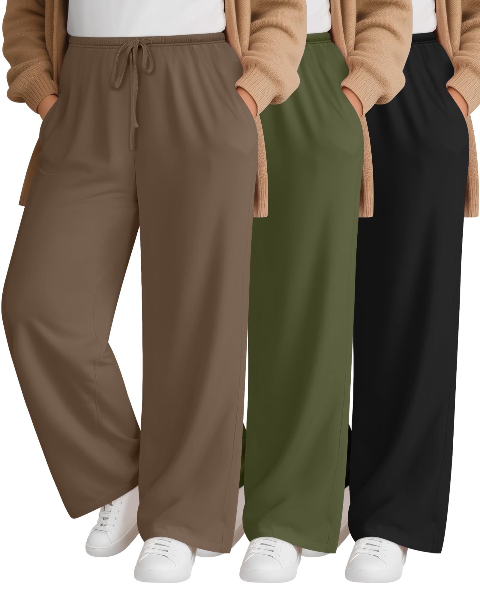 3 Pack Womens Plus Size Lounge Pants with Pockets Wide Leg Loose Drawstring Pants Casual Sweatpants Jogger Pant