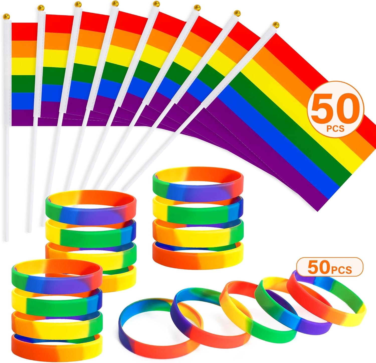 EOBOH 100PCS Pride Accessories, Pride Flags & Pride Bracelets, Mini LGBTQ Rainbow Flags Wristband Bulk, Gay Pride Month Supplies Flags Bracelets, Lesbians Pride Decor Stuff for Parade Party Decor
