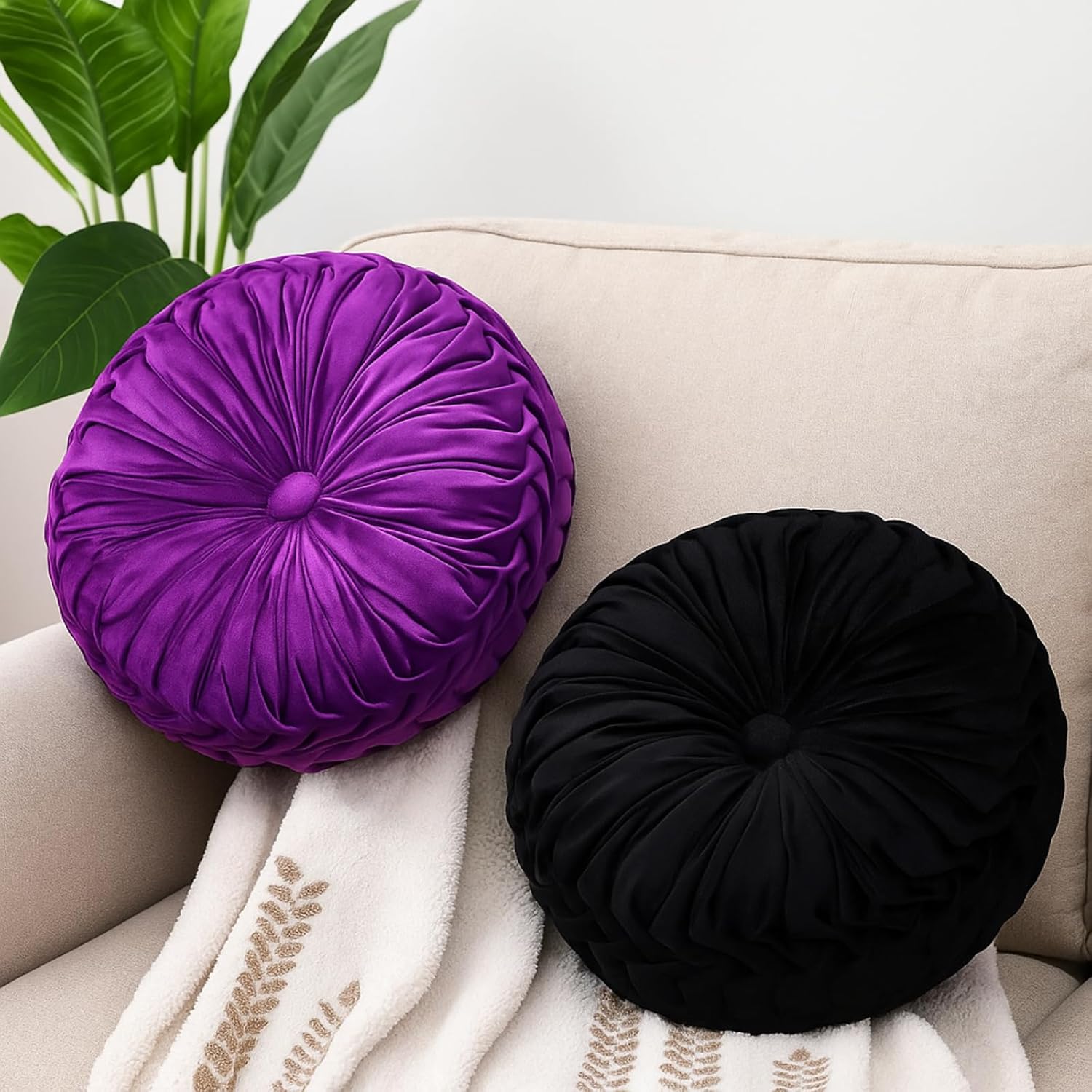 4 Pcs Round Throw Pillows 15 Inch Decorative Velvet Pleated Pumpkin Pillows Boho Floor Pillow with Center Button for Living Room Couch Chair Bed Sofa Home Decoration (Yellow)