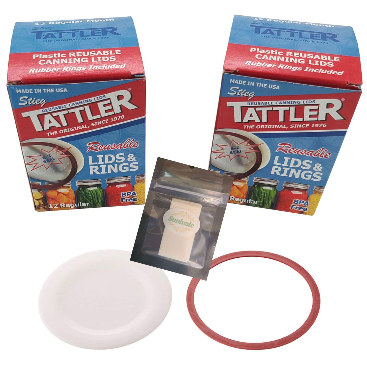Reusable Canning Lids Bundle Includes 24 Regular Mouth Tattler Lids and Rings and 24 Dissolvable Jar Labels For Use With Hot Water Bath, Vacuum Sealer and Pressure Canning Methods Made in USA