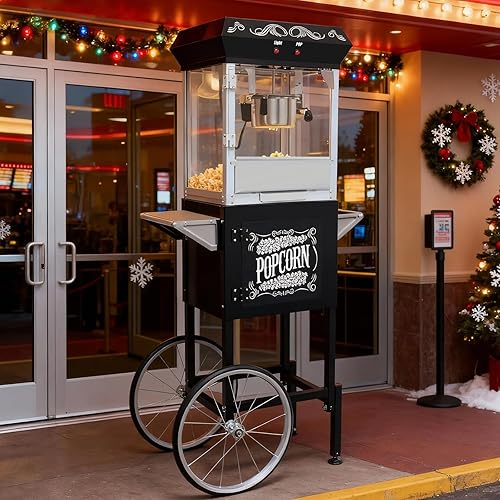 Máquina de palomitas de maíz con carrito, máquina de palomitas de maíz con hervidor de 8 onzas, carrito profesional estilo cine vintage con cubierta
