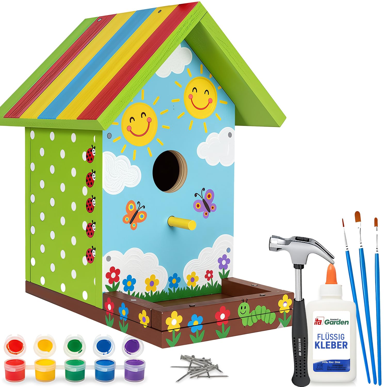 ITA DIY Nistkasten Skylark zum Zusammenbauen und Bemalen, Holz Bastelset für Kinder ab 7 Jahren, mit Hammer, Nägeln, Farben, 3 Pinseln & Schleifpapier, FSC®-zertifiziertes Holz