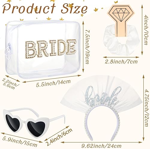 Miniatura 2 de Abbylike El juego de regalo de 4 piezas incluye diadema de perlas para novia, bolsa de maquillaje transparente de corazón, gafas de sol de satén,