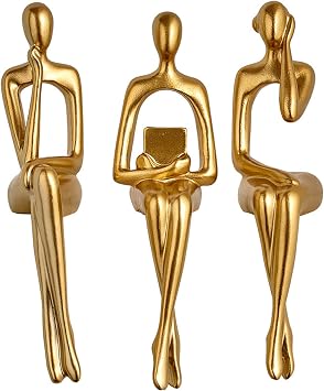 3PCS Gold Resin Thinker Statue Set, 3 Style 6.7 Inch Abstract Sitting Posture Sculptures for Bookshelf, TV Console & Modern Home Office Decor