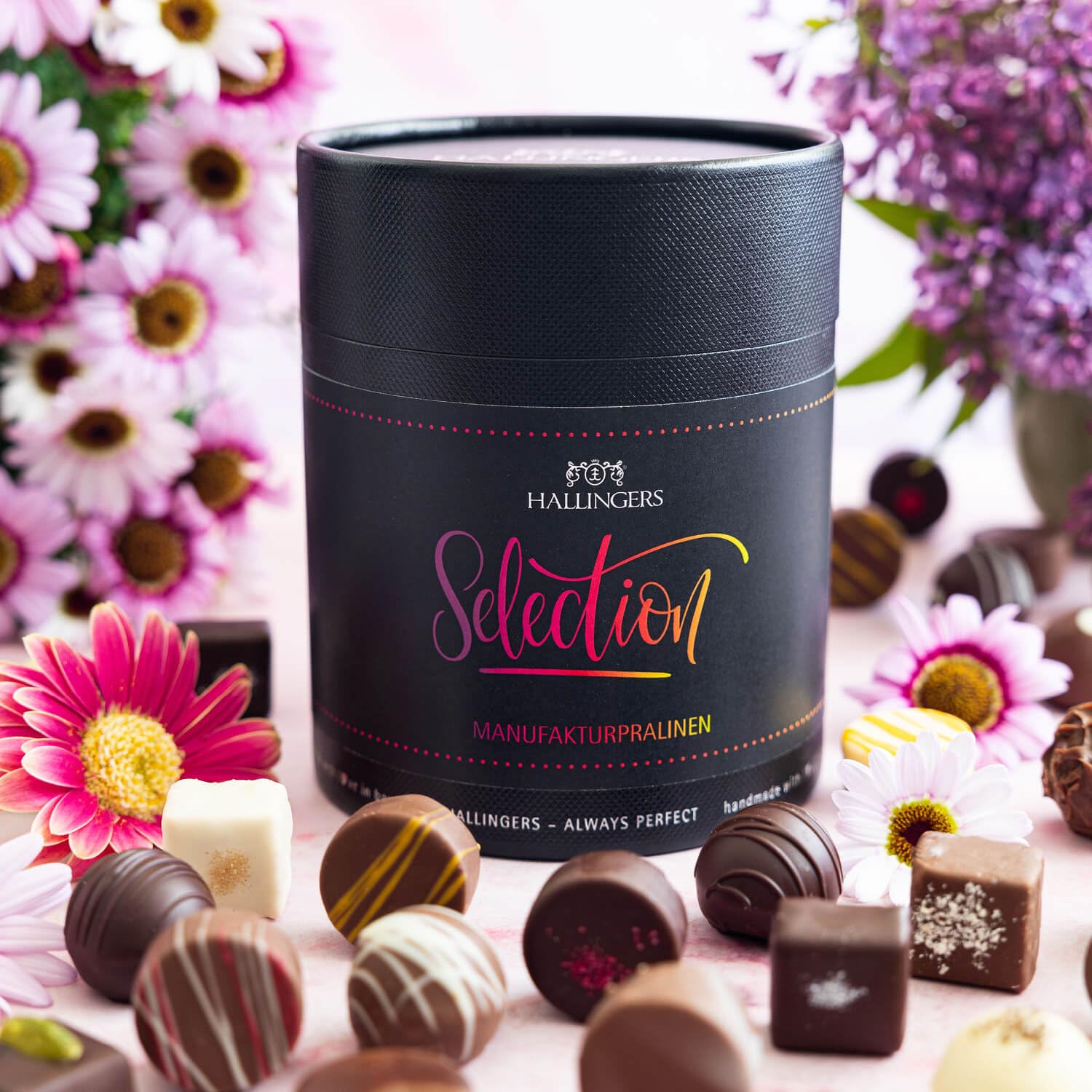 Hallingers Genuss Manufaktur Pralinen Geschenk - ohne Alkohol, handmade aus Confiserie-Edelkakao in wertiger XXL-Geschenkdose "Selection", Geschenkidee für Frauen Männer