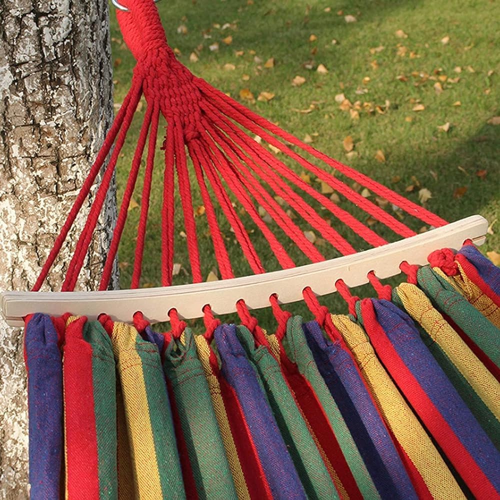 Hamac en toile avec barre d'épandage en bois, style bohème à franges pour intérieur et extérieur