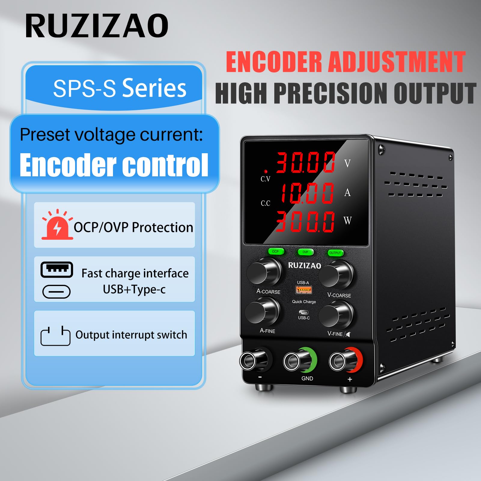 Fuente de Alimentación Regulable: 30V 10A 300W Fuente de Alimentacion DC de Laboratorio Regulada por Conmutación Ajustable con Función OCP & OVP, Botón de Salida, Botón Codificador
