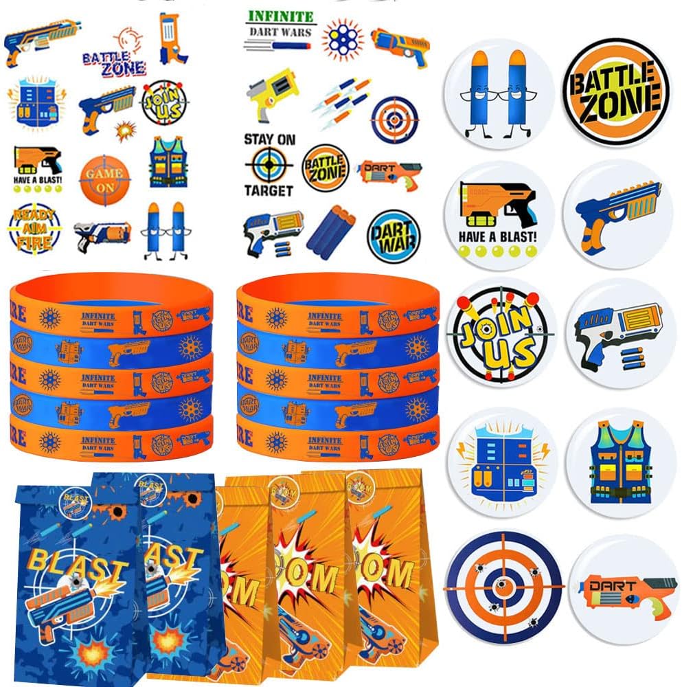 Ghberll 60pcs Dart War Birthday Party Favor Supplies - Dart War Silicone Wristbands, Temporary Tattoos,Goodie Gift Bags, Stickers and Badges for Baby Shower Guns & Blasters Party Supplies,Small