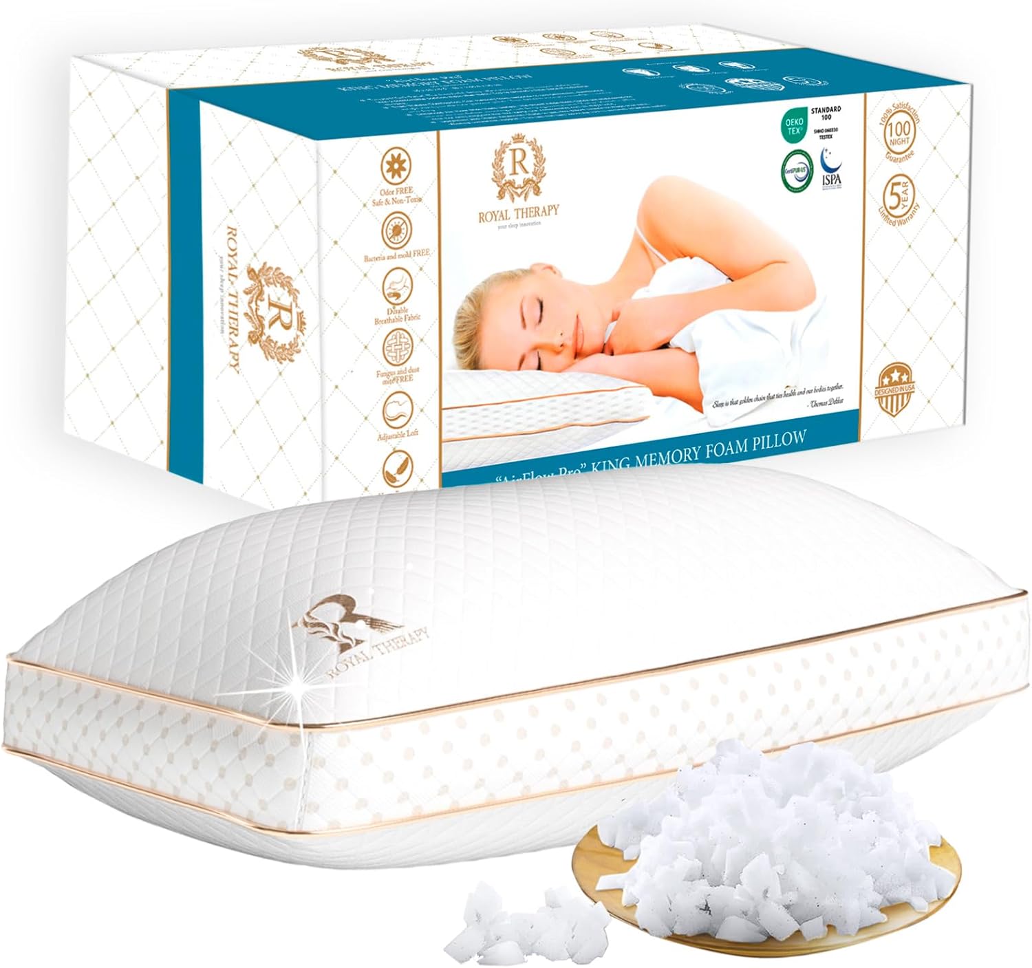 Royal Therapy Queen Memory Foam Pillows - Shredded Memory Foam Pillow for All Sleep Positions - Medium Firm Pillow with Adjustable Loft, Bamboo Rayon Cover, CertiPUR-US, Oeko-TEX Certified