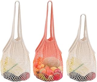 3 Stück Netztaschen, Einkaufsnetzbeutel, Faltbare Netz-einkaufstaschen, Waschbar Wiederverwendbar Baumwollseil Mesh Bags mit Griff für Einkaufen Aufbewahrung Obst Gemüse Netzbeutel
