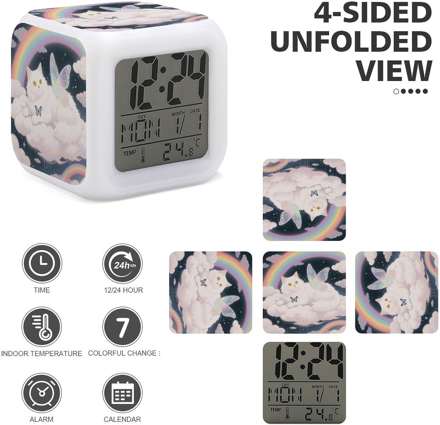 Night Light Alarm Clock, 7 Color Changing, Cat Butterfly image 4