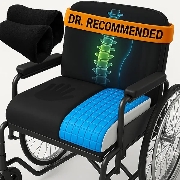 CUSHIO Wheelchair Cushion for Pressure Relief - (4-Piece Set) 18”x16” Anti-Slip Wheelchair Seat Cushions, Lumbar Pillow and Wheelchair Armrest Pads for Adults, Seniors, Wheelchair Accessories
