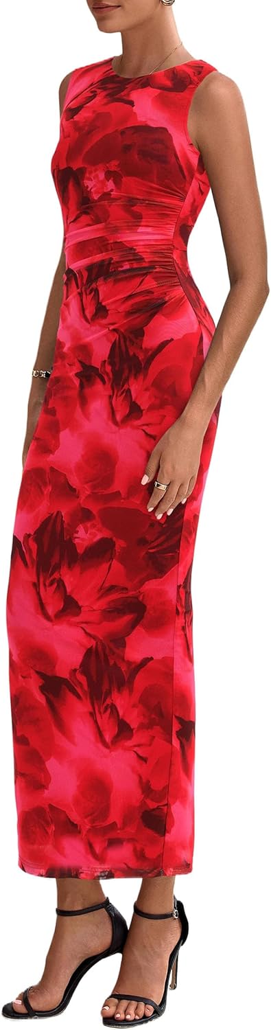 PRETTYGARDEN Womens Summer Wedding Guest Dress 2026 Spring Mesh Sleeveless Bodycon Ruched Floral Holiday Maxi Long Dresses - Image 4