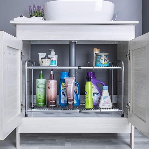 Miniatura 8 de Flagship Organizador de 2 niveles para debajo del fregadero y estante de almacenamiento expandible para gabinete de cocina y baño, color plateado