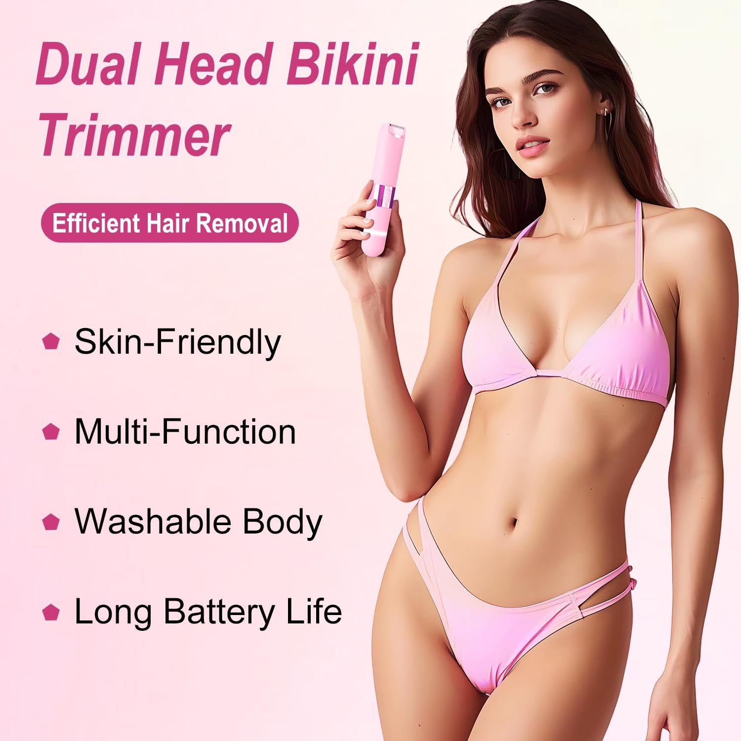Dermave Bikini Trimmer Razors Shaver for Women,2-in-1 Waterproof Electric Dual Ceramic Head Shaver,IPX7 Waterproof Rechargeable Lady Trimmer for Face,Body&Intimate Areas (Pink)