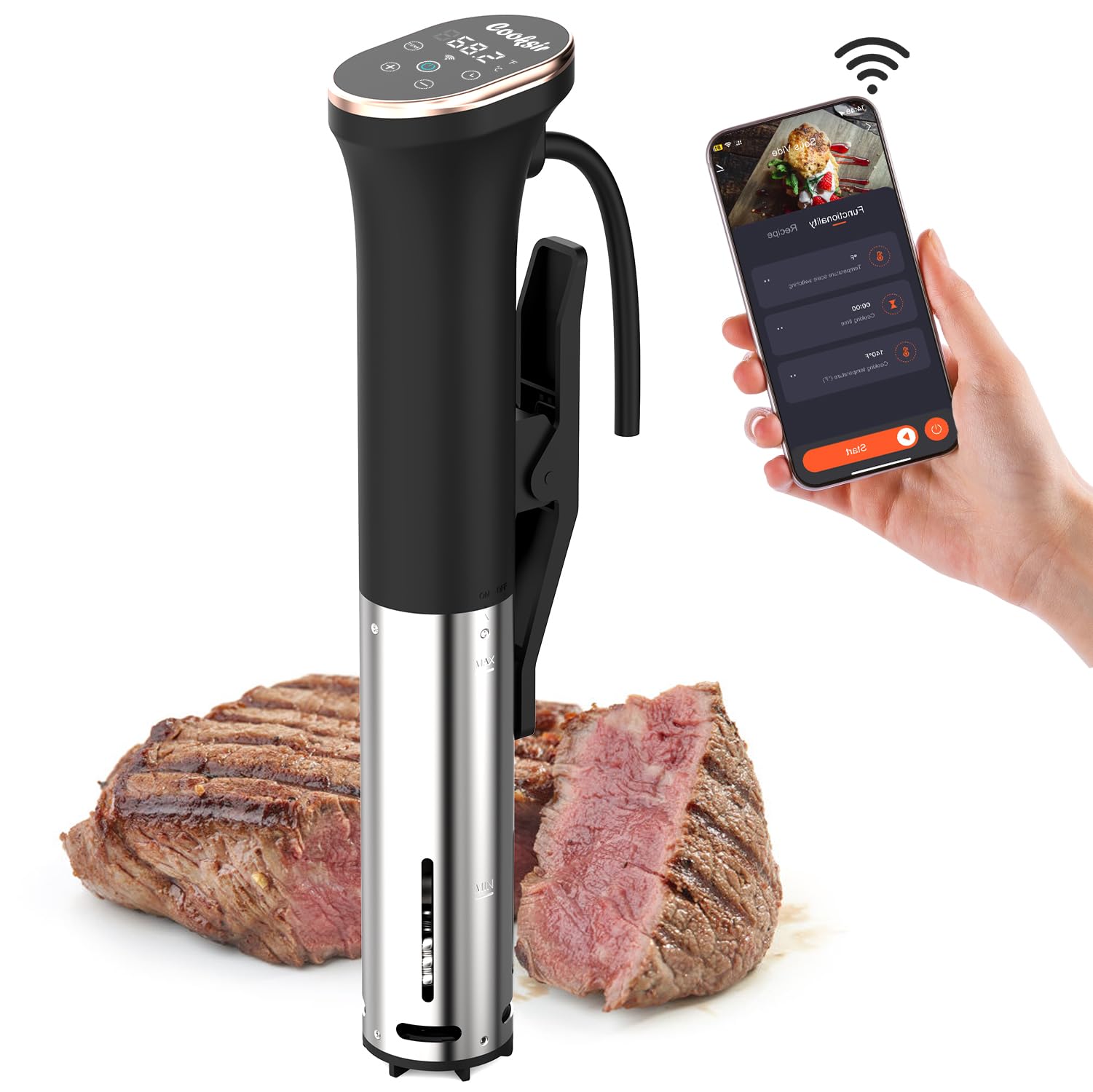 Sous Vide Garer Stick, 1400W, Wi-Fi APP & Touch-Bedienung, Sous Vide mit Edelstahlgehäuse, 360° Zirkulation, Temperatureinstellung 10-90°C, Timer für 1-99 Mins, Kochbuch, IPX7 Wasserdicht