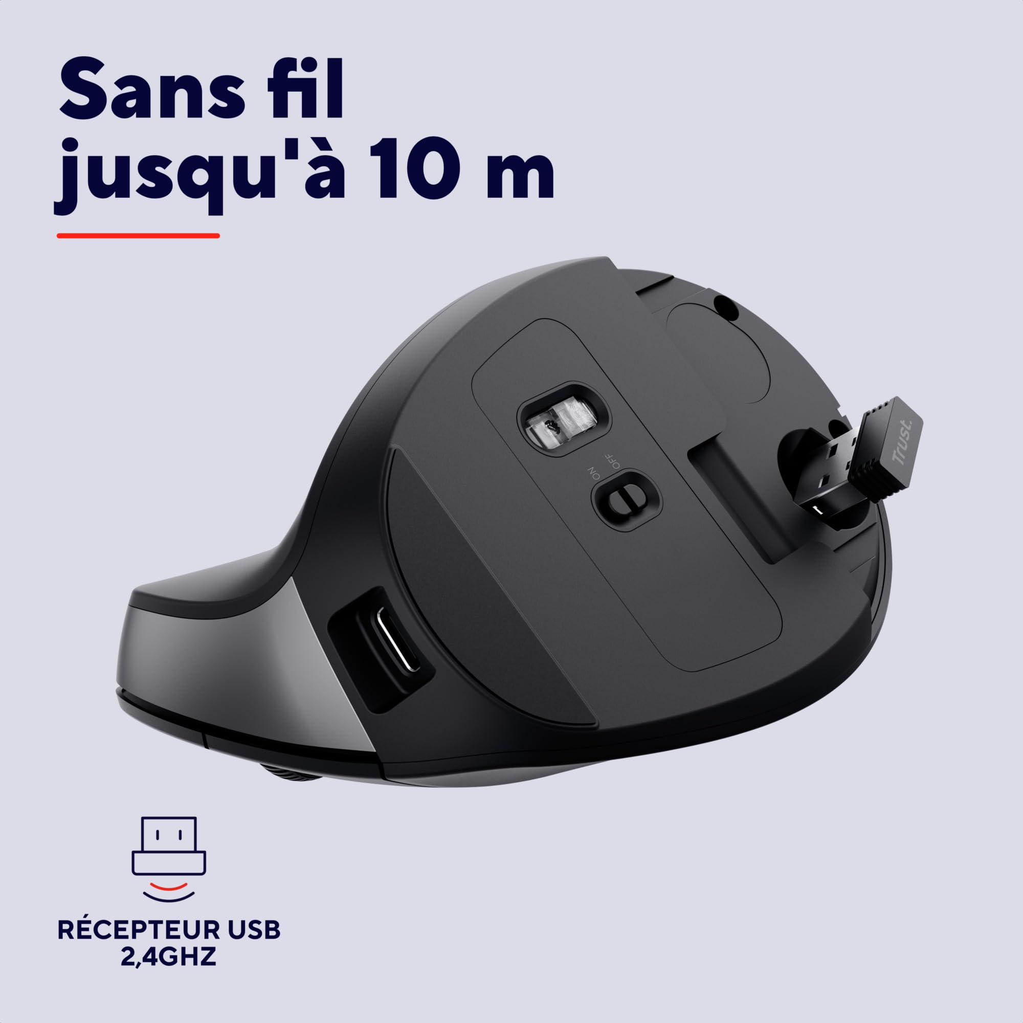 Trust Yuno Souris Ergonomique sans Fil, Souris Verticale Rechargeable, Récepteur USB 2,4GHz, DPI Réglable (800-2400), Capteur Optique, 6 Boutons, 70% Plastique Recyclé, Macbook, Ordinateur, HP - Noir