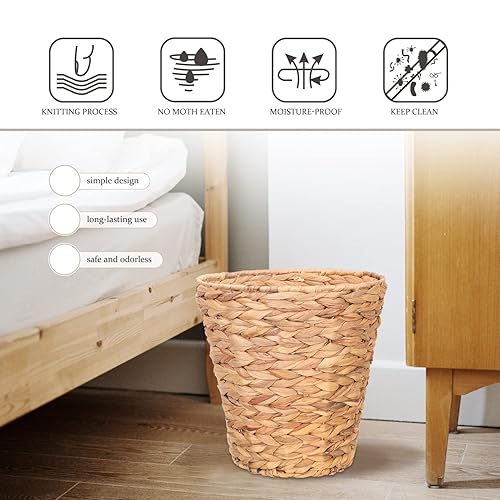 Miniatura 5 de SEWACC Cesta de basura tejida de mimbre de jacinto de agua tejida natural, cubo de basura redondo para baño, artículos esenciales, lavandería, 10.6