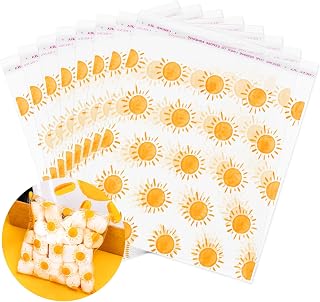 JarThenaAMCS 300Pcs Boho Sun Plastic Cellophane Bags Yellow Sunshine Self-Adhesive Treat Bags Groovy Clear Candy Bags for First Birthday Baby Shower Retro Party Supplies