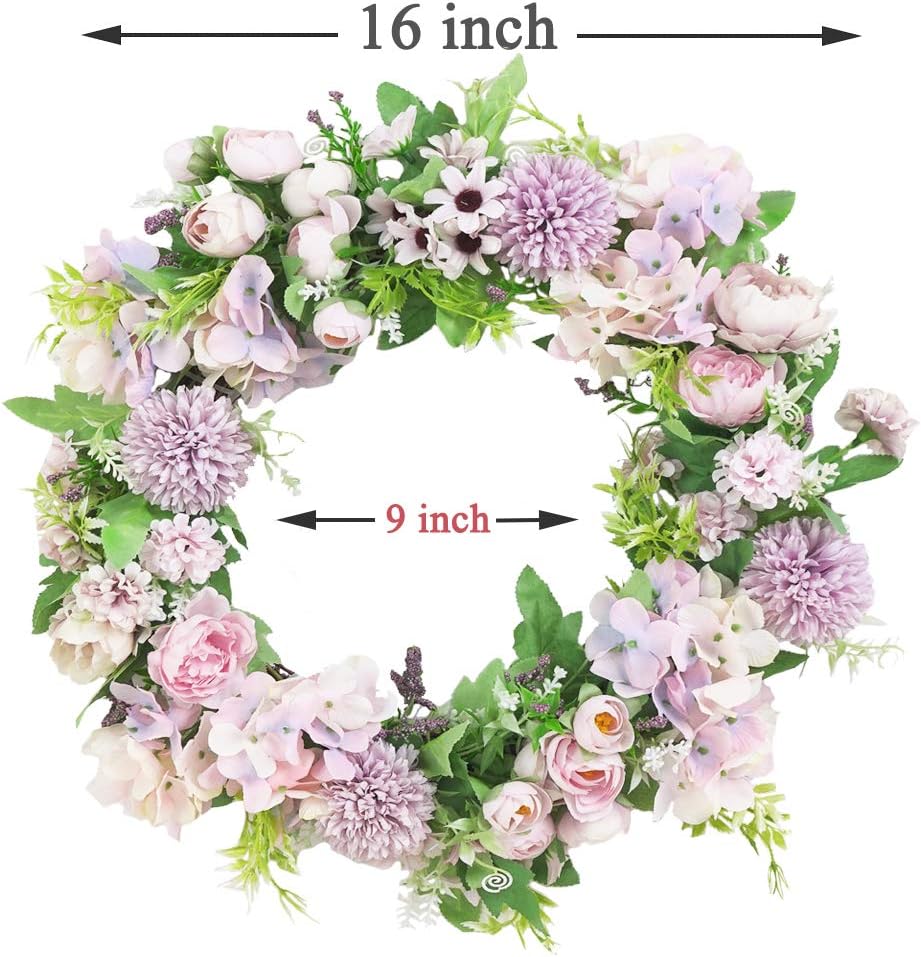 Palmhill Door Wreath, 16 inch Artificial Silk Flower Peony Hydrangea Wreaths for for Mother's Day Holidays Home Kitchen Office Wall Window Wedding Décor All Season