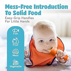 Baby Fruit Feeder, Teething Pacifier for Fruits, Veggies, or Frozen Milk, Food-Grade Silicone Teethers for Babies 6-12 Months, Baby Essentials for Teething Relief - Mango Orange and Berry Blue